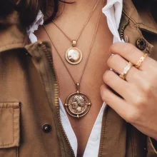 Винтажное резное ожерелье с монеткой для женщин, бохо золотой медальон, длинная цепочка, двойные индивидуальные подвески для ожерелья, Женское Ожерелье