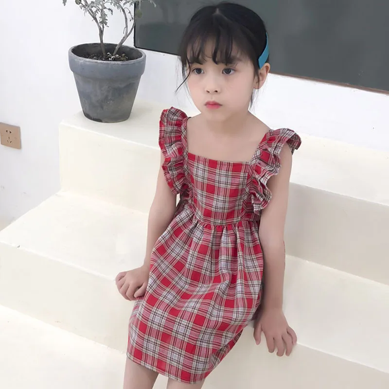 

Girls Dresses 2019 Summer New Children's Clothing Girls Retro Plaid College Wind Wooden Ear Flying Sleeves Sling Waist Dress