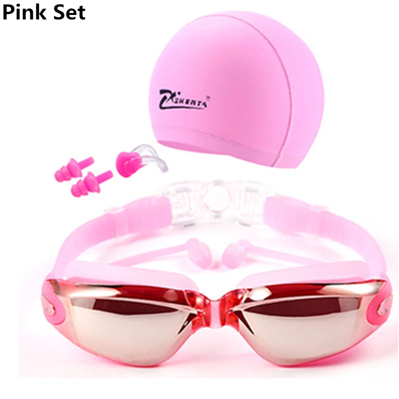 Очки для плавания с шапкой и ушками, с зажимом для носа, водонепроницаемые очки для плавания, противотуманные, профессиональные спортивные очки для плавания, костюм - Цвет: Pink