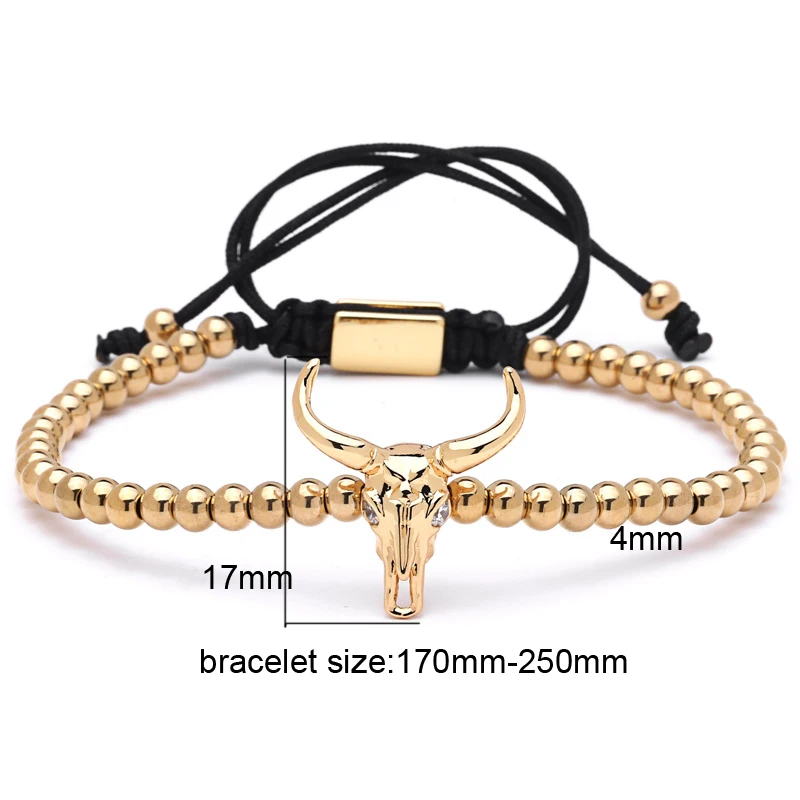 Mcllroy Men Fashion Zircon Bracelets Black Silver Cattle Head & 4mm Titanium beads Rope Braiding Macrame Bracelets Bangle