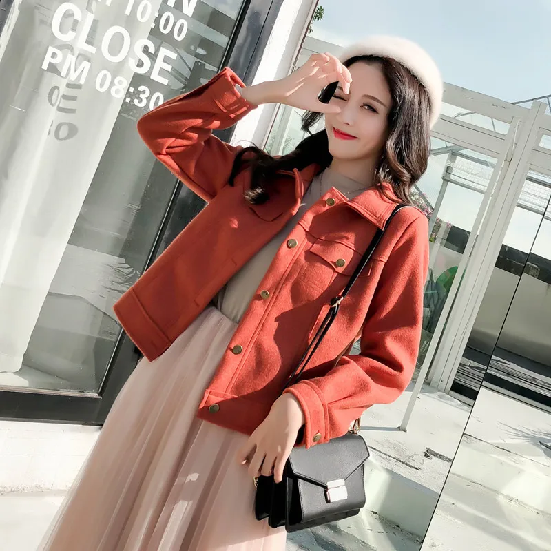 

Sweet Solid Short Wool Coat Turn-down Collar Wool Blend Coat and Jacket Single Breasted Women Coats Autumn Winter