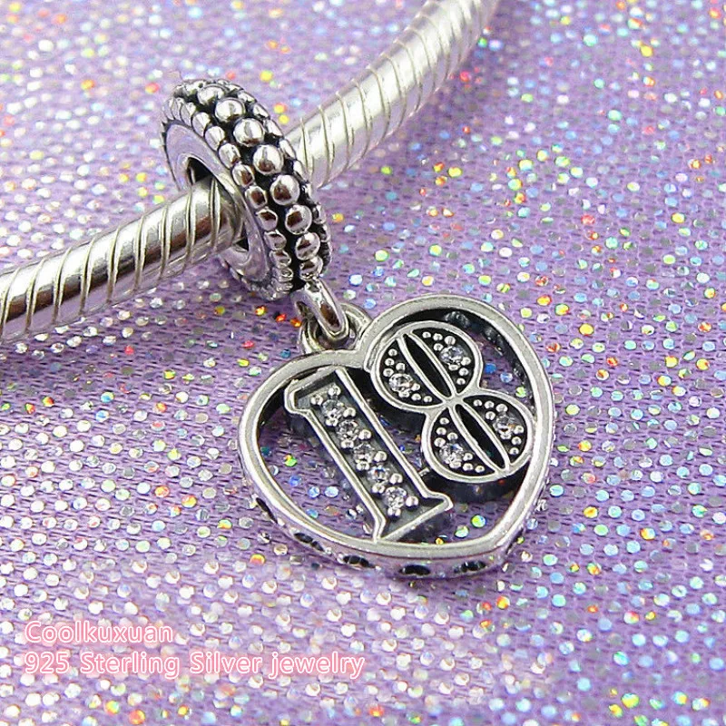 

2019 Mother's Day Original 925 Sterling Silver 18 Years of Love Dangle Charm, Clear CZ Beads Fit Pandora Charms Bracelet DIY
