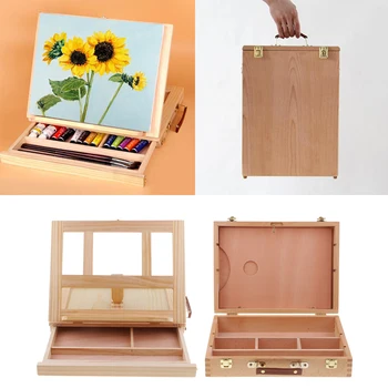 

2x Adjustable Wood Table Sketchbox Easel, Desktop Artist Wooden Box - Wooden Portable Box -Student Drawing Painting With Palette
