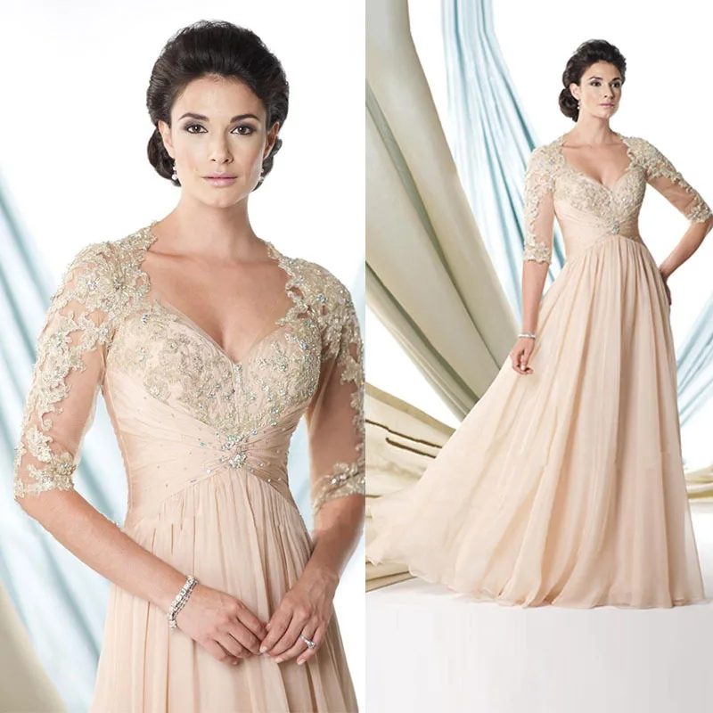 Unique Flesh Pink Lace Long Chiffon Beaded Appliques Three Quarter