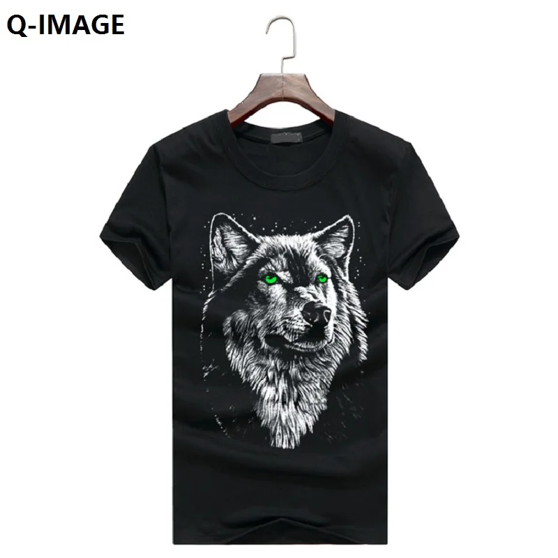 

Q-IMAGE cotton 3d t shirt men 2016 summer new arrvial 3D funny wolf man's T-shirt extended plus size 5XL white black blue