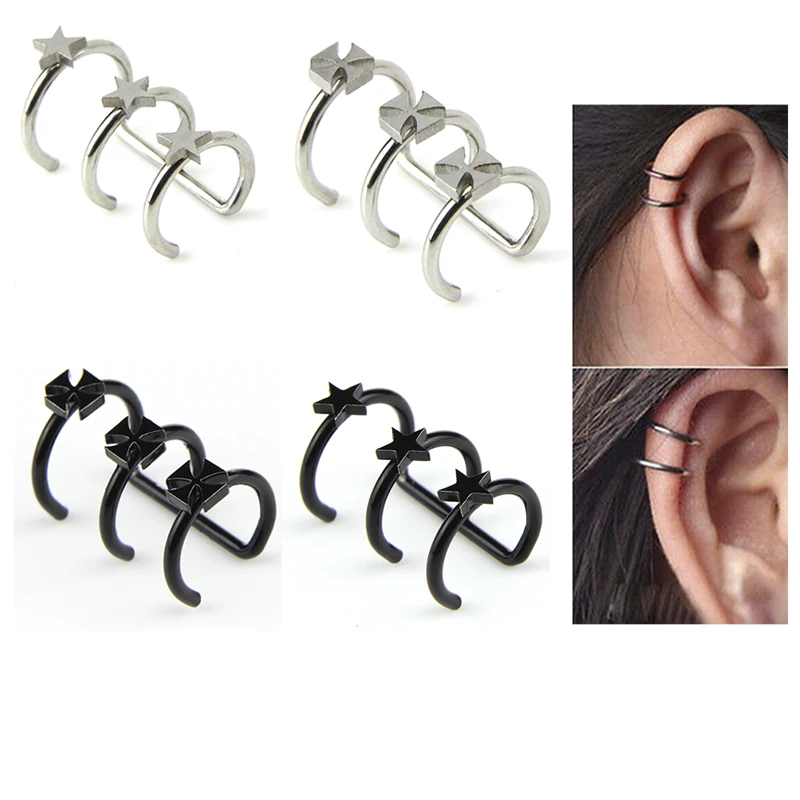 

2Pcs Stainless Steel Double And Triple Hoop Ear Clip On Earring Tragus Cartilage Non Piercing Closure Rings Fake No Piercing