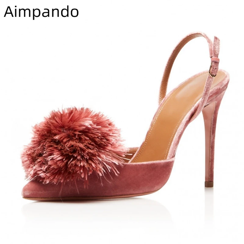 

2019 Sweet Pompoms Gladiator Sandals Women Pointed Toe 10cm Thin High Heels Back Strap Suede Fringe Ball Party Shoes Woman