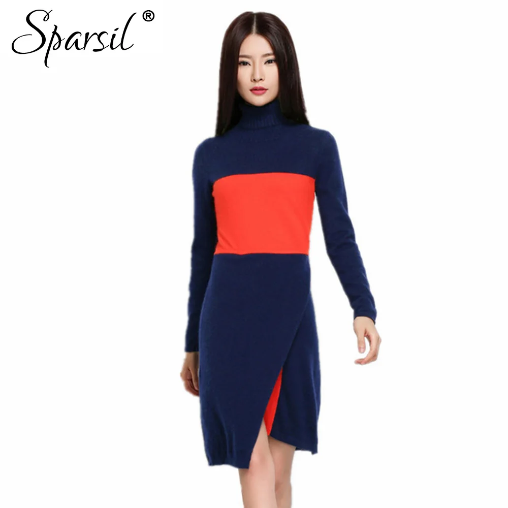 Sparsil Women Spring&Autumn Slim Style Cashmere Blend Vintage Dress Turtleneck Mini Sweater Dresses Patchwork Knitwear