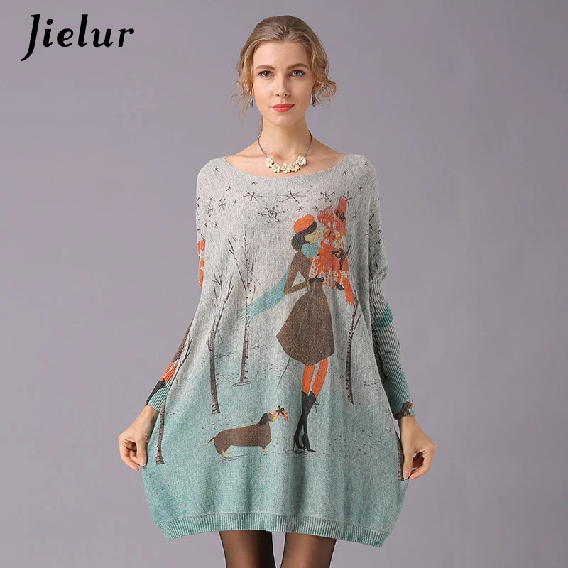 Jielur الكرتون المطبوعة سترة للمرأة زائد حجم طويلة كم Kawaii محبوك البلوزات الربيع الخريف مضحك البلوز الأساسية الطائر