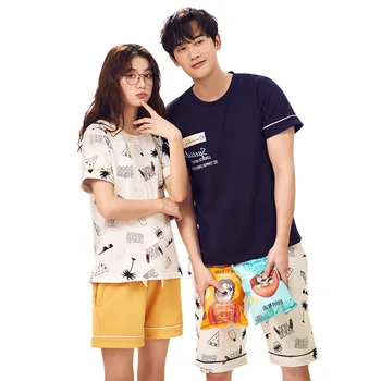 

Women's Pajamas in summer Short sleeve Cotton sleepwear Couple lovers Men Sleep pyjamas Lounge Pajama Set