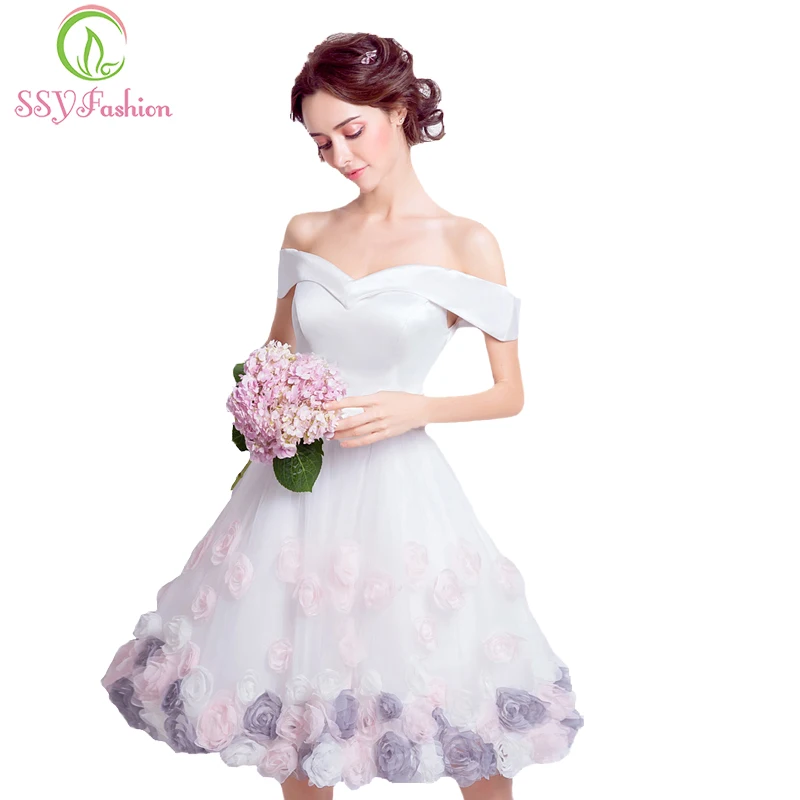 SSYFashion New White Satin with Rose Flower Short Cocktail Dress Bride Banquet Sweet Knee-length Formal Party Gown Robe De Soire