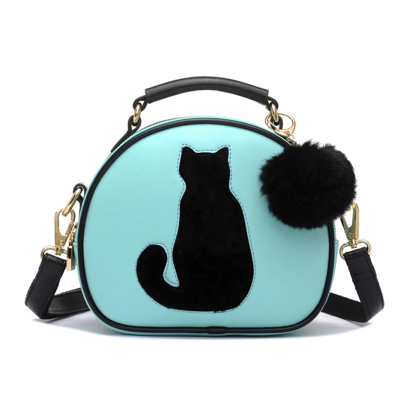 

TFTP Small Cat Printing Of Lord Crossbody Bag Circle Bag Leather Handbags Women with Fur Ball Women