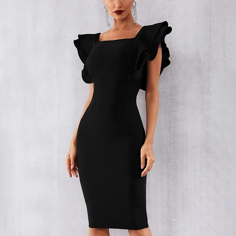 TWOTWINSTYLE однотонное тонкое женское платье без рукавов с оборками и квадратным воротником с высокой талией длиной до колена, Женские винтажные модные платья - Цвет: black