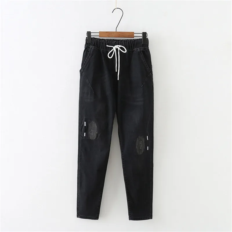 Women Jeans Black and Blue Plus Size Jeans 2019 New Spring Casual Loose Plus Vevet Pants Elastic Waist Mom Jeans Feminina LD724