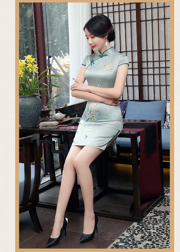 SHENG Коко серебристо серый Мини Qipao шелк короткие платья для женщин плотно китайский тонкий и легкий Атлас Платье Чонсам цветы XL XXL