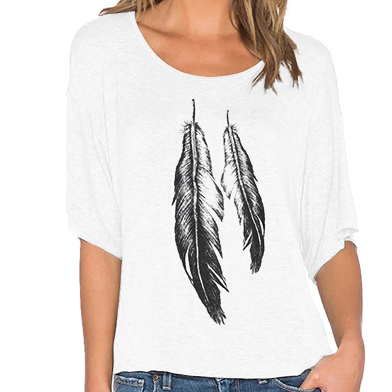 Women Tops new plumage print Lady wild Tops off shoulder loose Fashion T Shirt wild female short-sleeved T-shirt Lady S2558