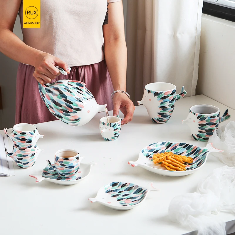 Newcartoon fis Dinnerware Sets Ceramic Party Porcelain Plate Coffee cup bowl Household Tableware Kettle Afternoon tea Kettle set Newcartoon fis Dinnerware Sets Ceramic Party Porcelain Plate Coffee cup bowl Household Tableware Kettle Afternoon tea Kettle set