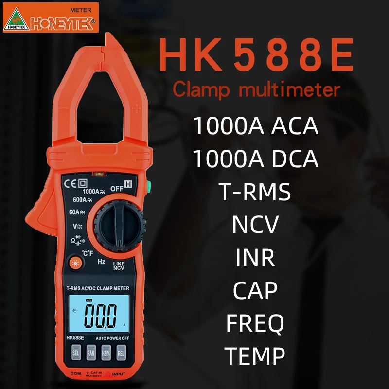 

HONEYTEK True RMS Mini Digital Clamp Meters 1000A ACA/DCA Auto Range VFC CAP FREQ TEMP NCV Multimeter HK588E voltage meter