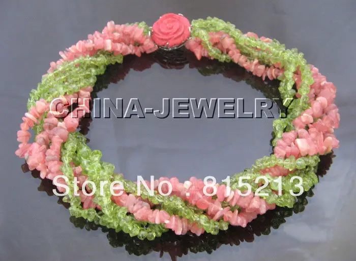 

HOT Sell* S90 Gorgeous 17" 7row natural peridot rhodonite necklace-coral clasp aa