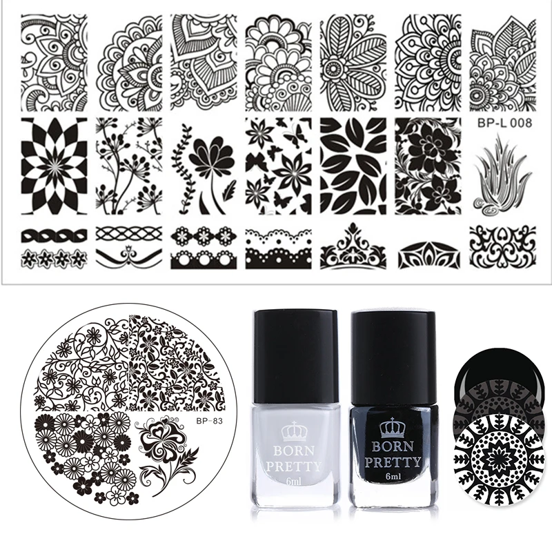 

BORN PRETTY 4 Pcs Nail Stamping Polish Plate Set 6ml Black White Polish Flower Leaf Tree Image Template