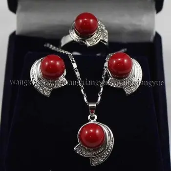 

Red South Sea Shell Pearl Earring Ring & Necklace Pendant Set AAA style Fine Noble real Natural free shipping