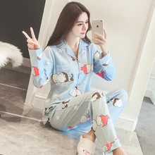 Демисезонный Для женщин комплект хлопок Принт Мультфильм Леди с длинным рукавом Повседневное пижамы Наборы для ухода за кожей пижамы Домашняя одежда