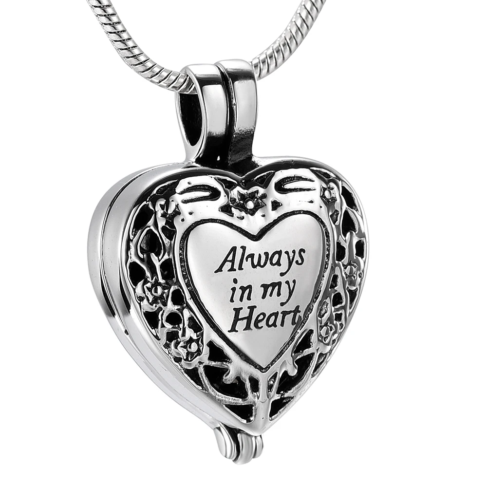 

XWJ9958 "Always in my heart" Classic Design Heart Locket Hold Gold Tube for Ashes Keepsake Stainless Steel Cremation Pendant Urn