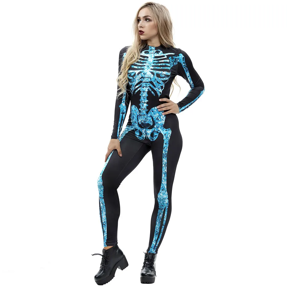 New Halloween Jumpsuits For Women 3D Skeleton Bones Printed Horrible Skinny Party Festival Catsuit Long Sleeve Bodysuits Overall