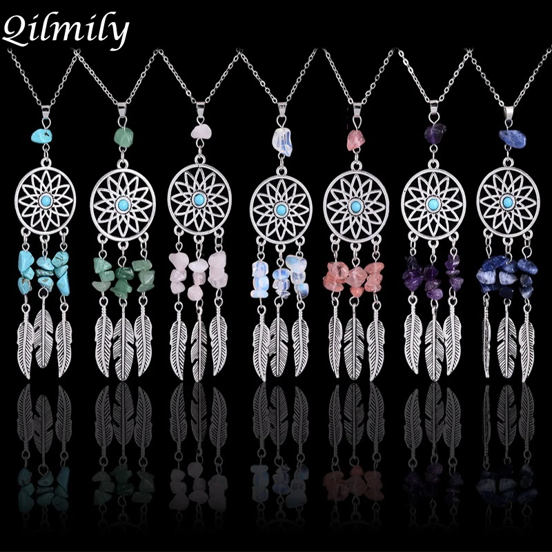 

Bohemian Dream Catcher Stone Necklace Feather Bead Natural Amethyst Turquoise Lapis lazuli Rose Crystal Necklace Collars Jewerly