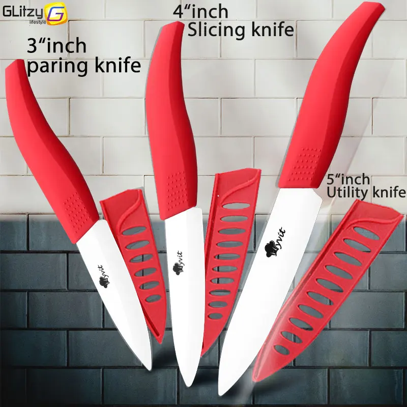 Керамический нож 3, 4, 5 дюймов, набор кухонных ножей из циркония с черным лезвием, набор кухонных поварских ножей из трех предметов, фруктовый Овощной цветной нескользящей ручкой - Цвет: 345 WHITE RED