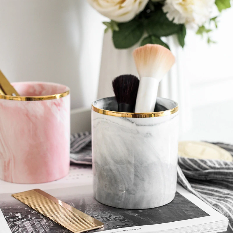 

Nordic Marble Makeup Brush Cosmetic Storage Box Ceramic Pen Holder Desk Organizer Kitchen Storage Tank Home Office Organizer