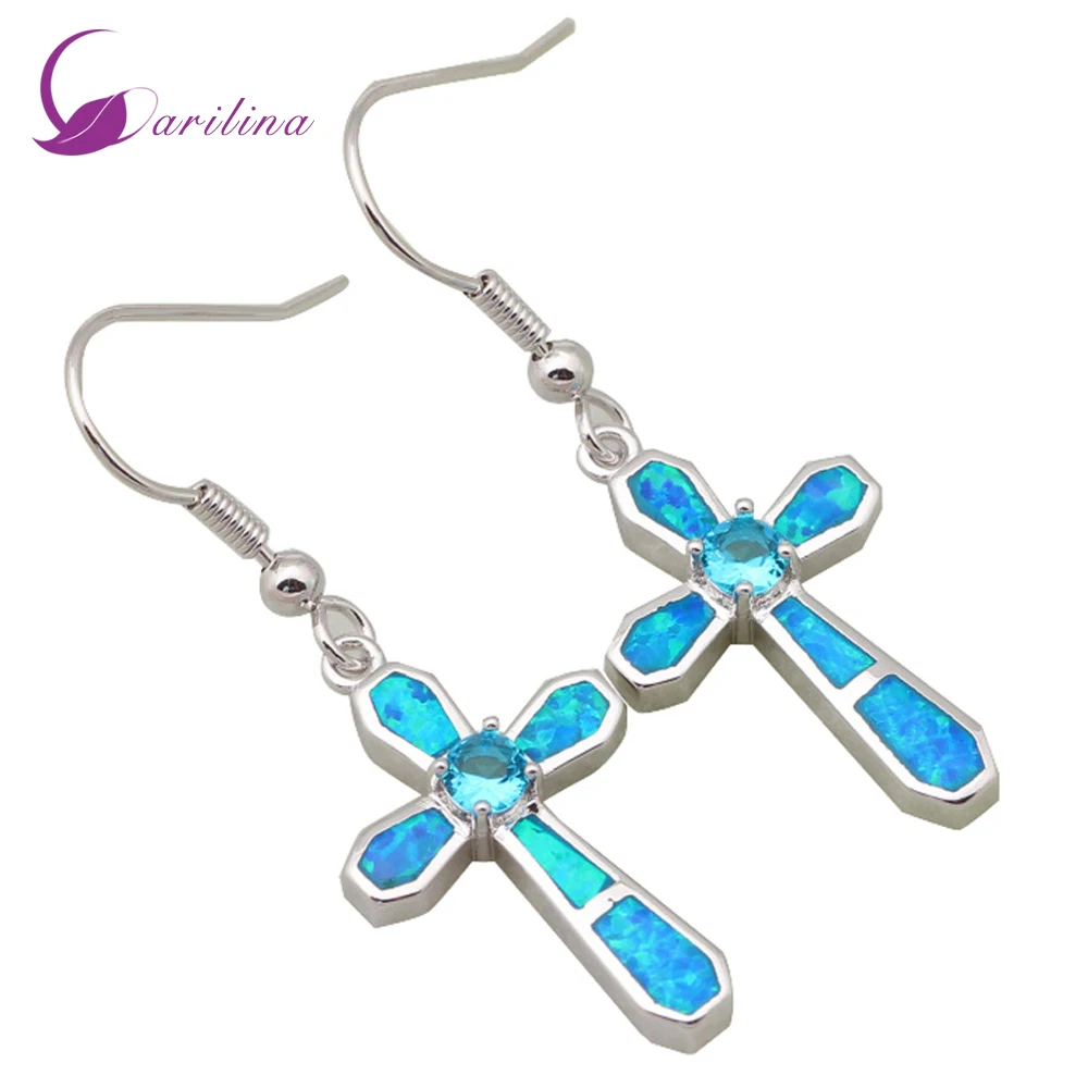 

Love Gift Unique Design Cross Blue Opal & Zircon 925 Sterling Silver Jewelry earrings for woman bijouterie E295