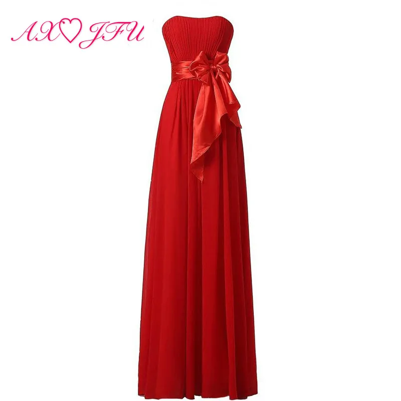 

AXJFU red Chiffon bow Bridesmaid Dresses vintage pink princess Party strapless yellow sleeveless beach long Bridesmaid Dresses