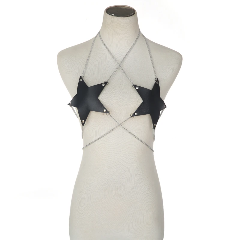 

Star Chain Bra Goth Punk Rock Black Leather Sexy Body Harness Club Festival Fashion Jewelry Adjustable Party Accessoriess