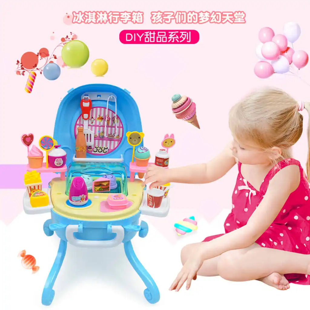 Ice Cream Case Pretend Play Food Dessert and Candy Trolley Set Toy with Music and Lighting Toys for Girls Kids Boys Children