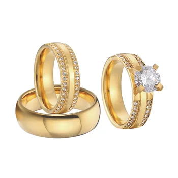 

Top quality Love Alliances 3 pieces women's anniversary cz engagement Couple Wedding Rings set for men and women Gold Color