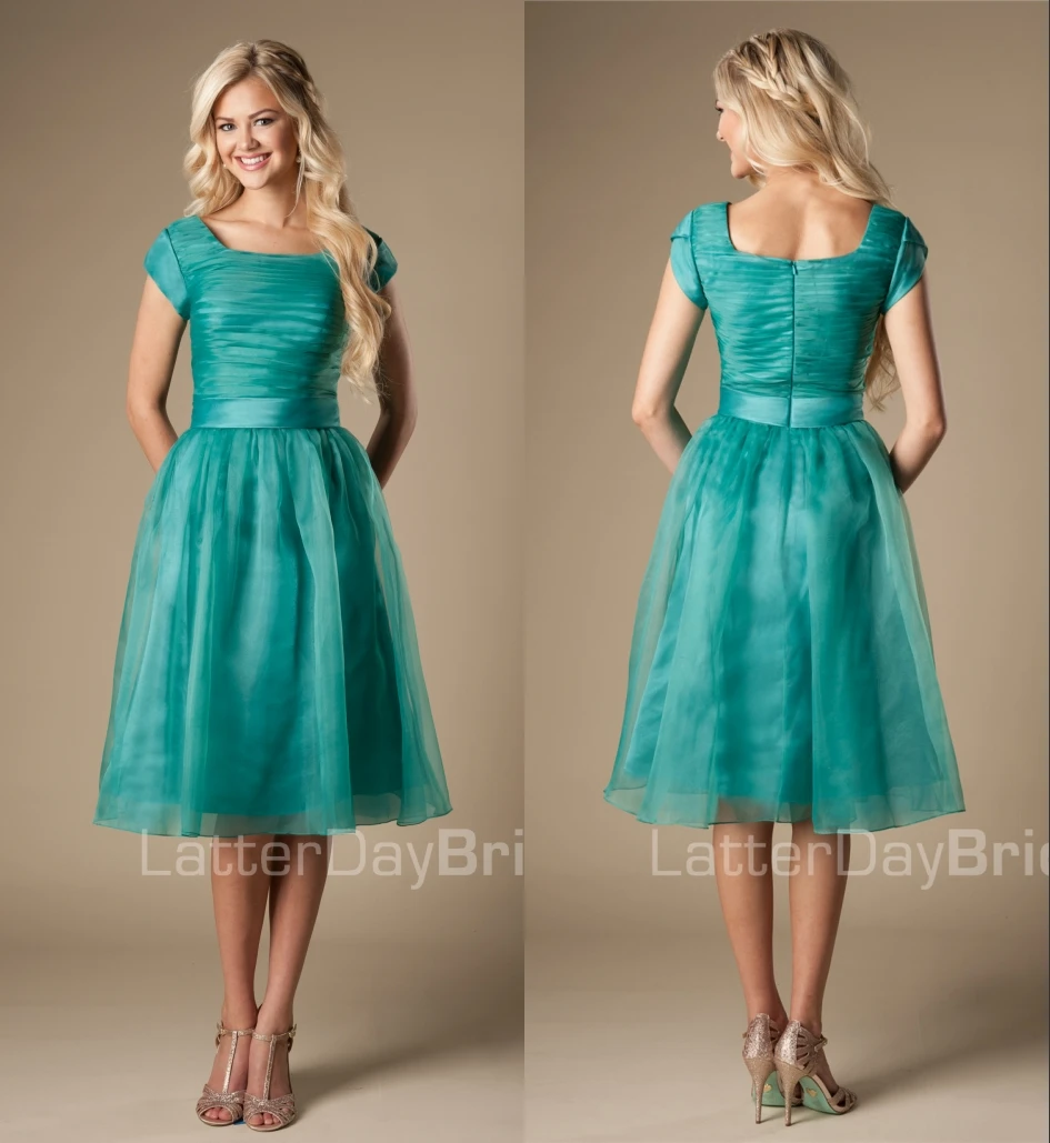Teal Short Modest Bridesmaid Dresses With Cap Sleeves 2019 A line Knee