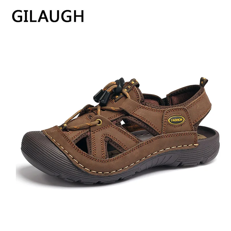 

Men Sandals Genuine Leather Causal Summer Breathable Men Slippers Fashion Toe Protect Outdoor Men's Sandals Size 38-45