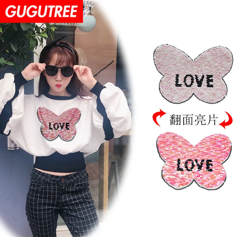 

GUGUTREE embroidery Sequins big buttlefly patches love patches badges applique patches for clothing XC-193