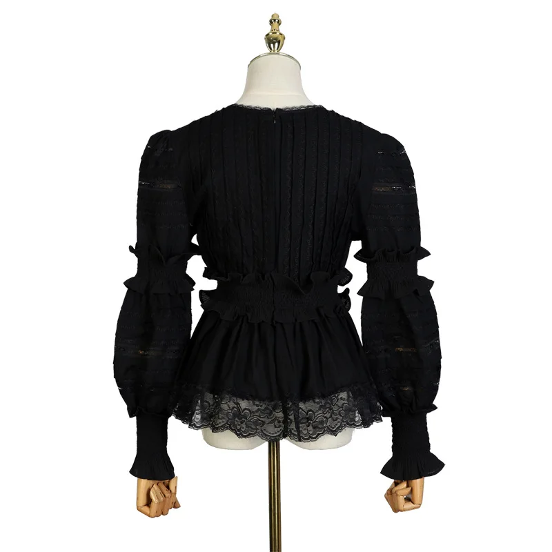 2019 V Neck Sexy Women Blouses Puff Sleeve Solid Blouse Femme Perspective Hollow Out Ruffles Shirt