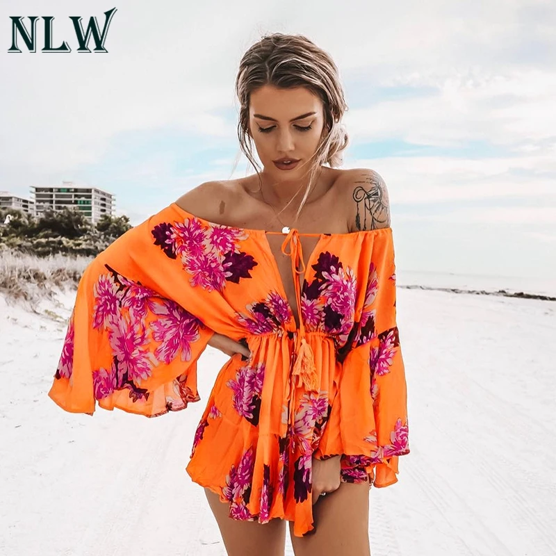 NLW Boho Off Shoulder Women Palysuit Floral Beach Summer Short Jumpsuit Romper 2018 Flare Sleeve Sexy Casual Playsuit