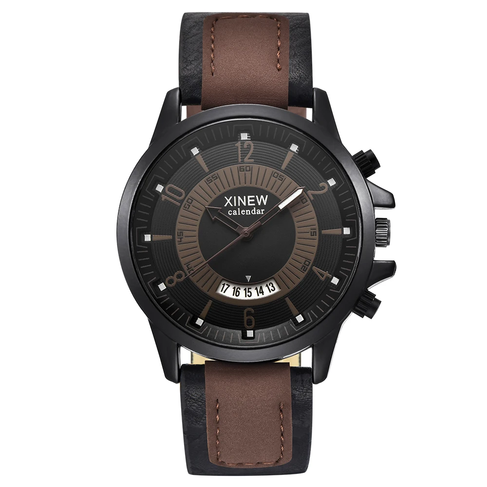 

XINEW Watches Mens Leather Strap Fashion Watch Men Military Style Calendar Quartz Watch Barato Erkek Saat Relogio Masculino 2018