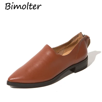 

Bimolter Genuine Leather Women Flats Shoe Fashion Casual Zipper Soft Loafers Spring Autumn ladies shoes Squared Heels NB027