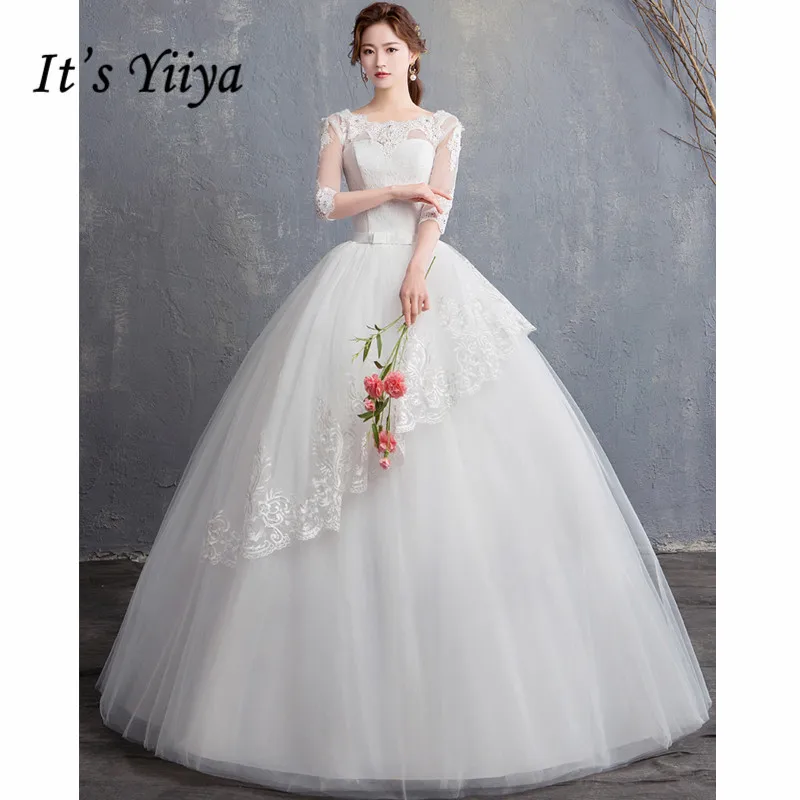 Это YiiYa Свадебные платья 2019 вышивка Многоуровневая Половина рукава o-образным вырезом в пол длина Свадебное платье Элегантное De Novia Casamento HS311