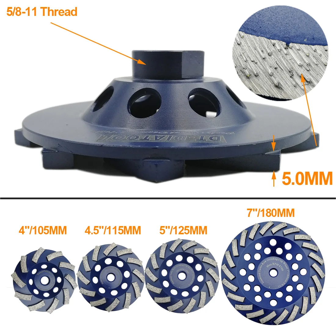 DT-DIATOOL 1 шт. Dia115mm/4,5 дюймов Алмазный Сегментированный турбо ряд чашевидный шлифовальный круг для бетона твердый камень с 5/8-11 соединением