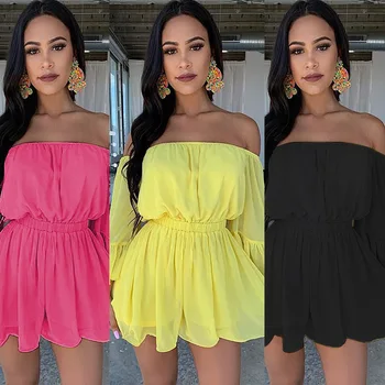 

Vintage Mini Shorts Playsuit 2019 Summer Autumn Ladies Off Shoulder Yellow Ruffles Sleeve Jumpsuits Kawaii Sheer Beach Bodysuit