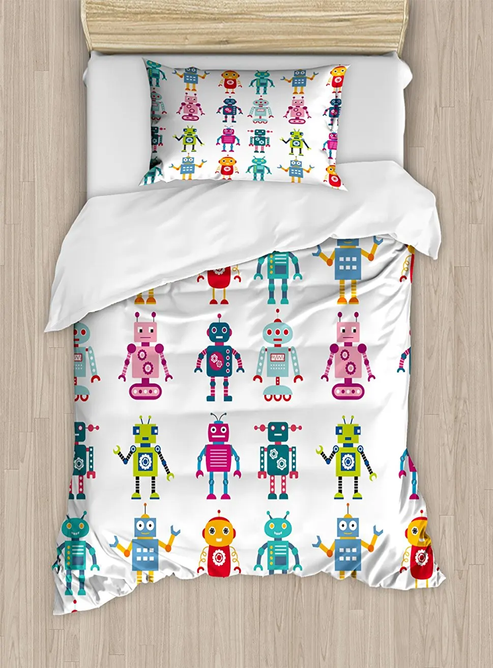 

Nursery Duvet Cover Set, Colorful Cartoon Style Robot Figures Futuristic Funny Mascots Friendly Androids, 4 Piece Bedding Set