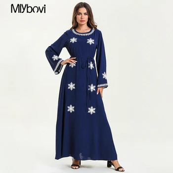 

New Large Size Muslim Dress Navy Blue Casual Abaya Arab Spring Summer Dubai Kaftan Muslim Robe Women Long Maxi Dresses 2019