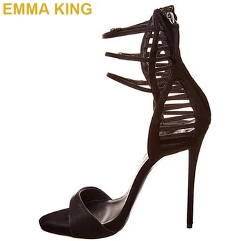 

Fashion Design Black Suede Cage Sandals Women Stiletto Thin High Heels Summer Sandals Ankle Strap Sexy Sandals Party Shoes 2019