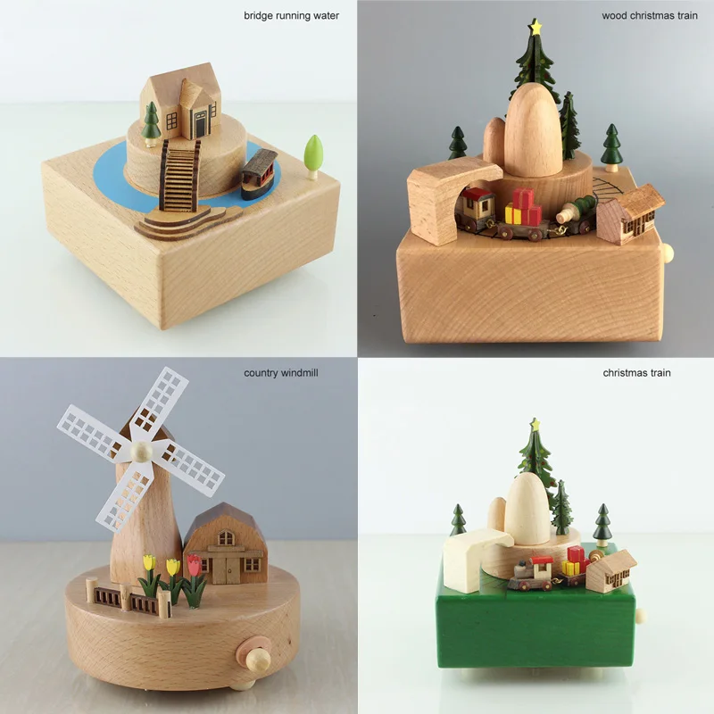 Accesorios de decoración del hogar Kawaii Vintage Chirstmas Año Nuevo Retro Regalo de Cumpleaños caja de música de madera carrusel cajas musicales manivela de mano